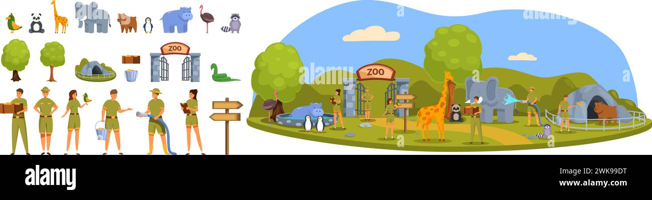 Zookeeper icons set cartoon vector. Zoo park animal. Summer feeding wild animal Stock Vector