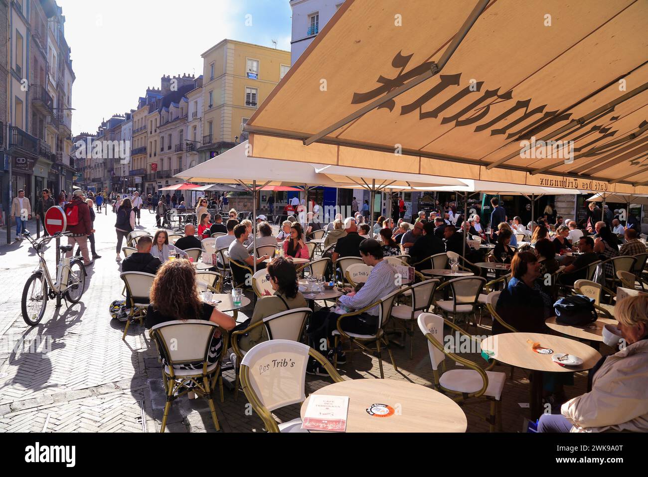 Tables outside a brasserie in Dieppe, Normandy, France. Stock Photo