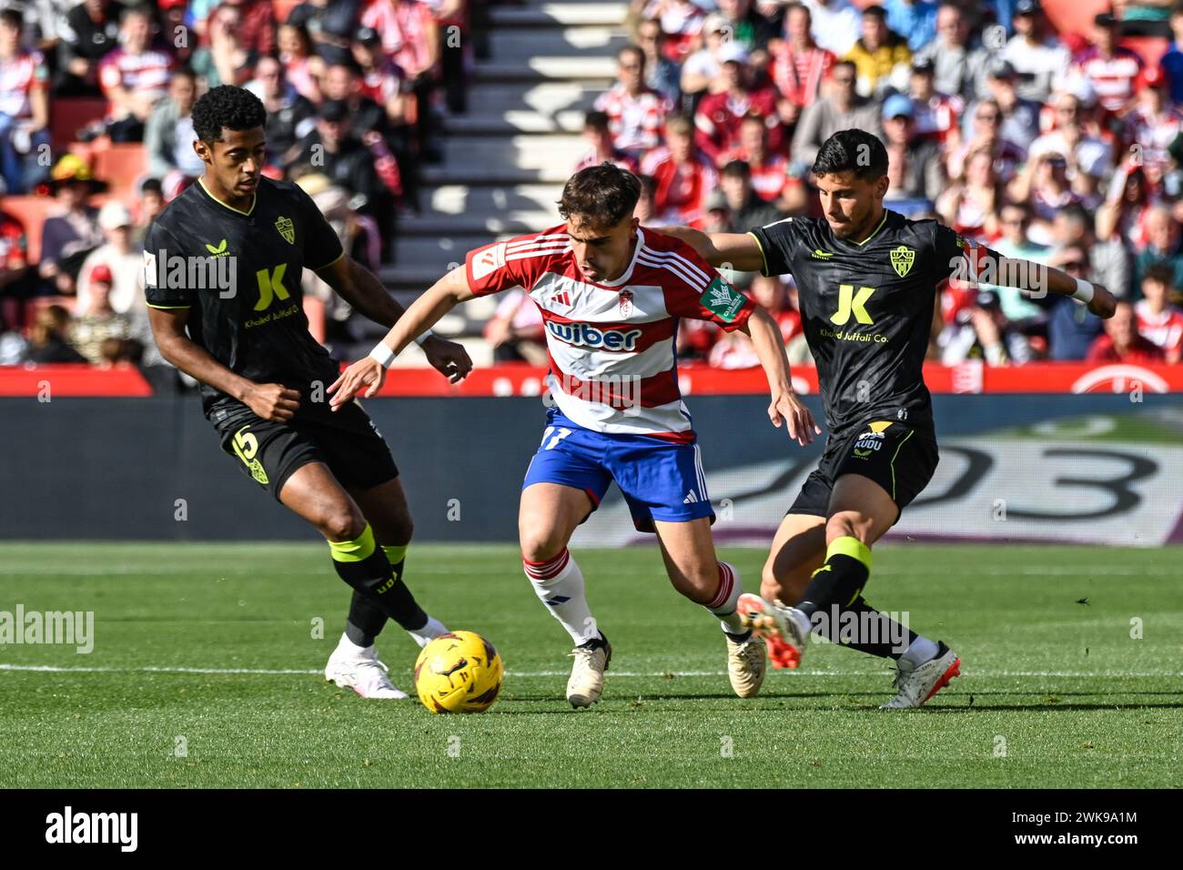 Granada, Granada, Spain. 18th Feb, 2024. Oscar Melendo of Granada CF competes for the ball with Lucas Robertone of UD AlmerÃ-a and Antony 'Choco' Lozano of UD AlmerÃ-a during the Liga match between Granada CF - UD AlmerÃ-a at Nuevo Los CÃrmenes Stadium on February 18, 2024 in Granada, Spain. (Credit Image: © José M Baldomero/Pacific Press via ZUMA Press Wire) EDITORIAL USAGE ONLY! Not for Commercial USAGE! Stock Photo