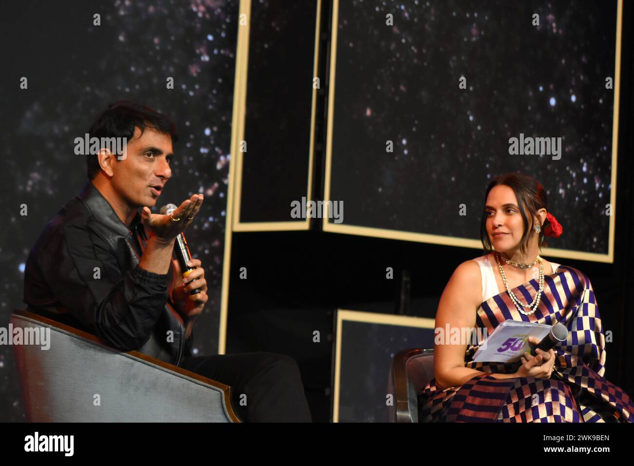 February 19, 2024, Kolkata, West Bengal, India: Bollywood actor Sonu Sood join in a talk show with actress Neha Dhupia in Kolkata on the occasion of EMAMI Group's 50th Year Celebration. (Credit Image: © Sayantan Chakraborty/Pacific Press via ZUMA Press Wire) EDITORIAL USAGE ONLY! Not for Commercial USAGE! Stock Photo