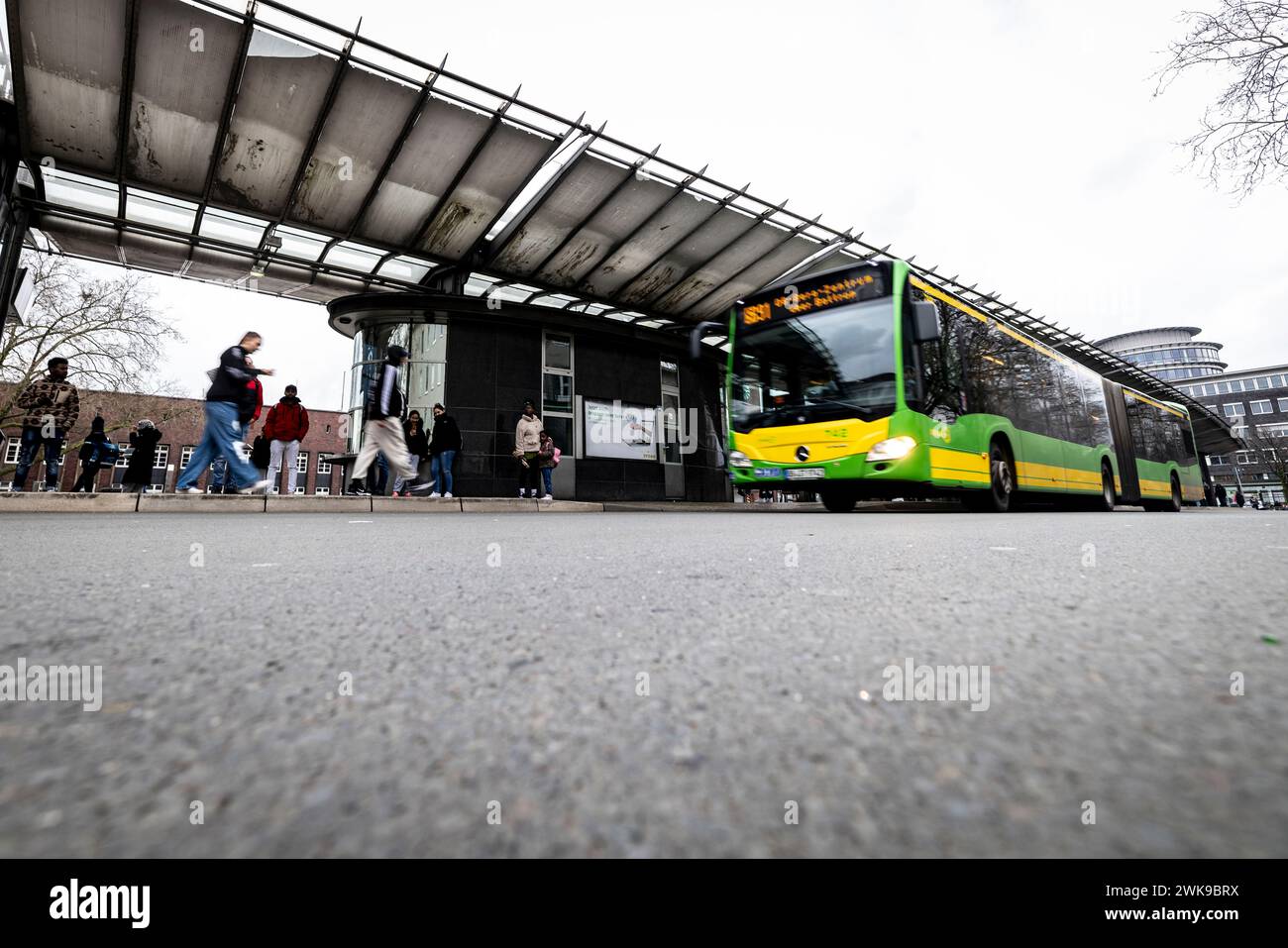 Oberhausen, Germany. 19th Feb, 2024. A bus stands on platform 4 at the bus station in Oberhausen. After the violent death of a young Ukrainian basketball player in Oberhausen, his teammate is still in intensive care. The brutal knife attack is also a topic of discussion in the state parliament. Credit: Christoph Reichwein/dpa/Alamy Live News Stock Photo