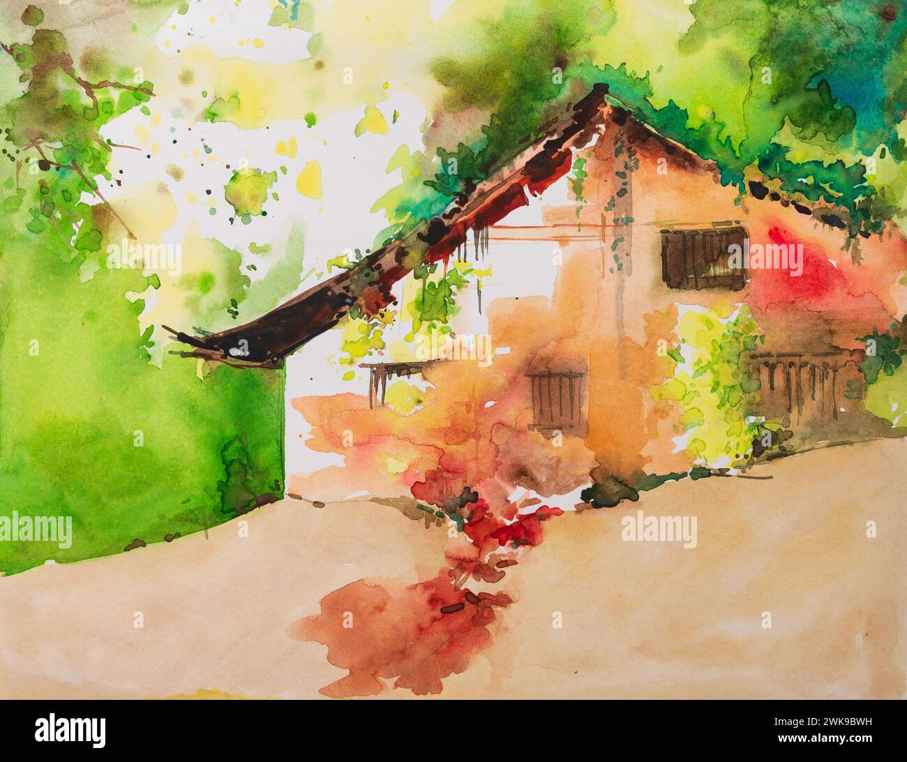 Watercolour painting of an old home with classic, vintage architecture ...