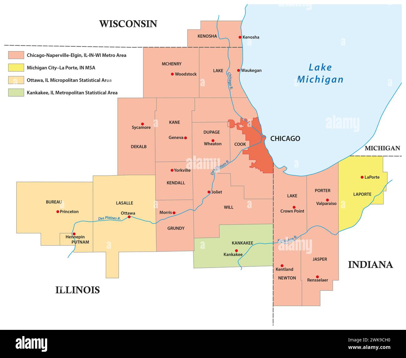 Administrative vector map of the Chicago metropolitan area Stock Photo
