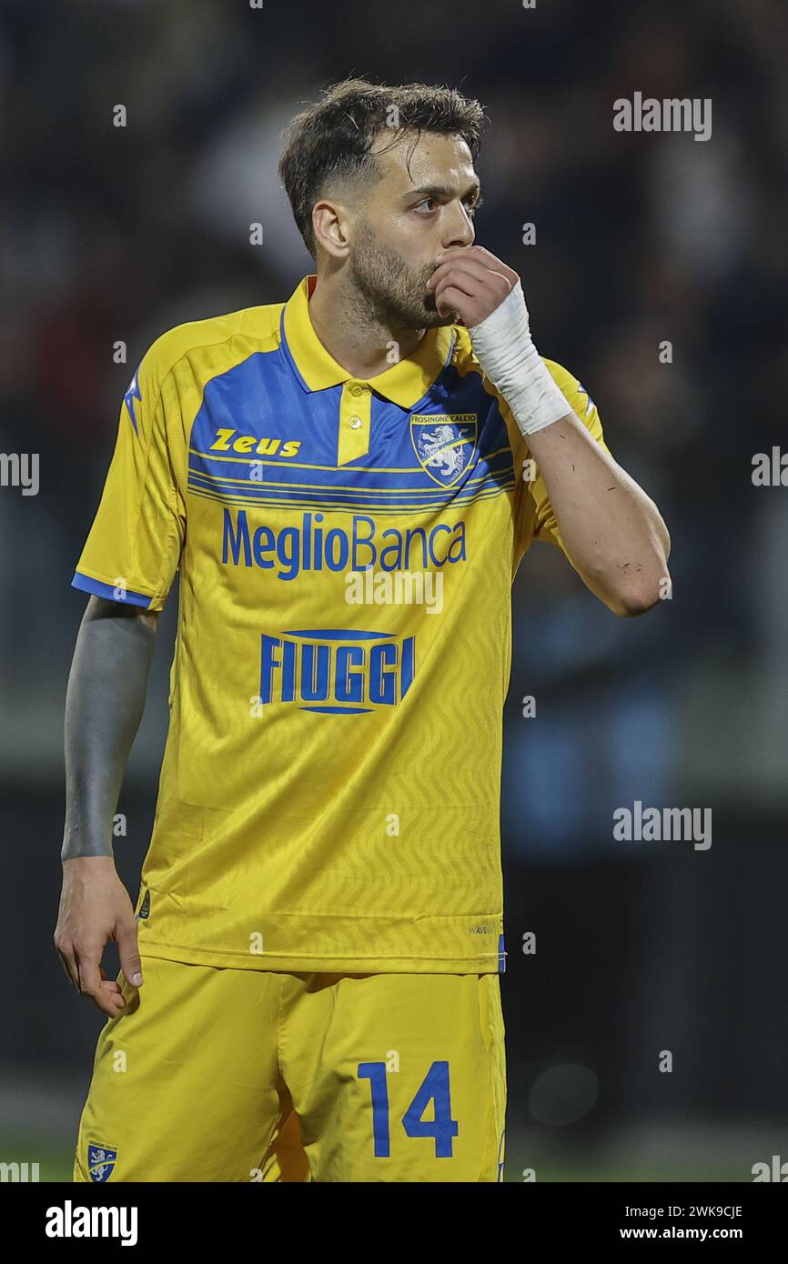 Frosinone, Italy. 18th Feb, 2024. Frosinone's Italian midfielder Francesco Gelli looks dejected during the Serie A football match between Frosinone Calcio vs AS Roma at the Benito Stirpe stadium in Frosinone, Italy on February 18, 2024. Credit: Independent Photo Agency/Alamy Live News Stock Photo