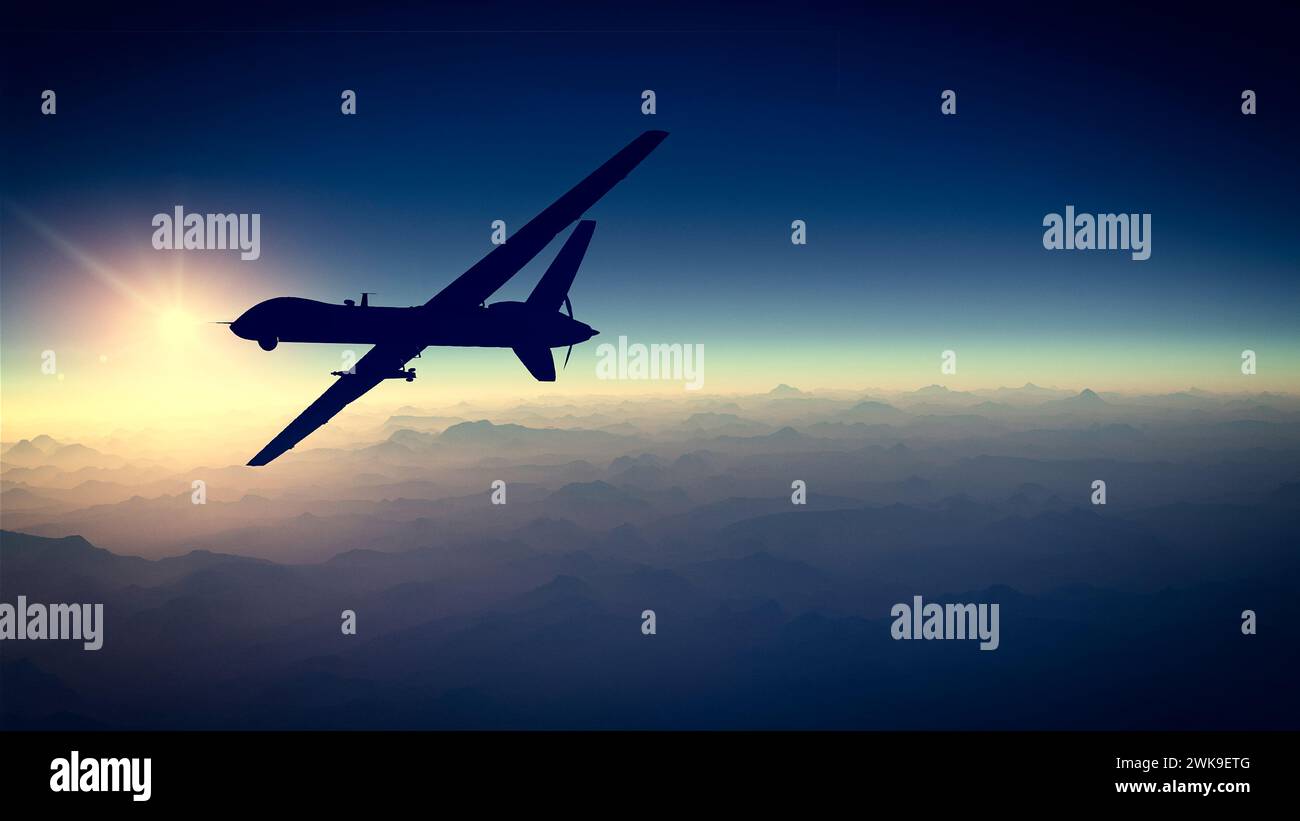 View of land, war operations, sci-fi, night vision with blue hues. Military target. Drone flying over an area. Military operation. Undercover operatio Stock Photo