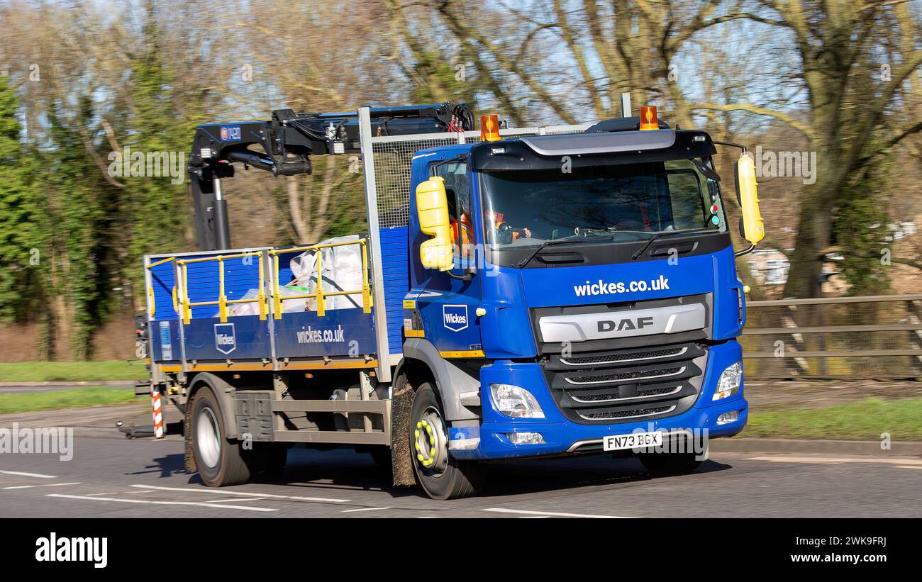 Milton Keynes,UKFeb 16th 2024 2023 blue Daf Truck, Wickes delivery truck transporting a load