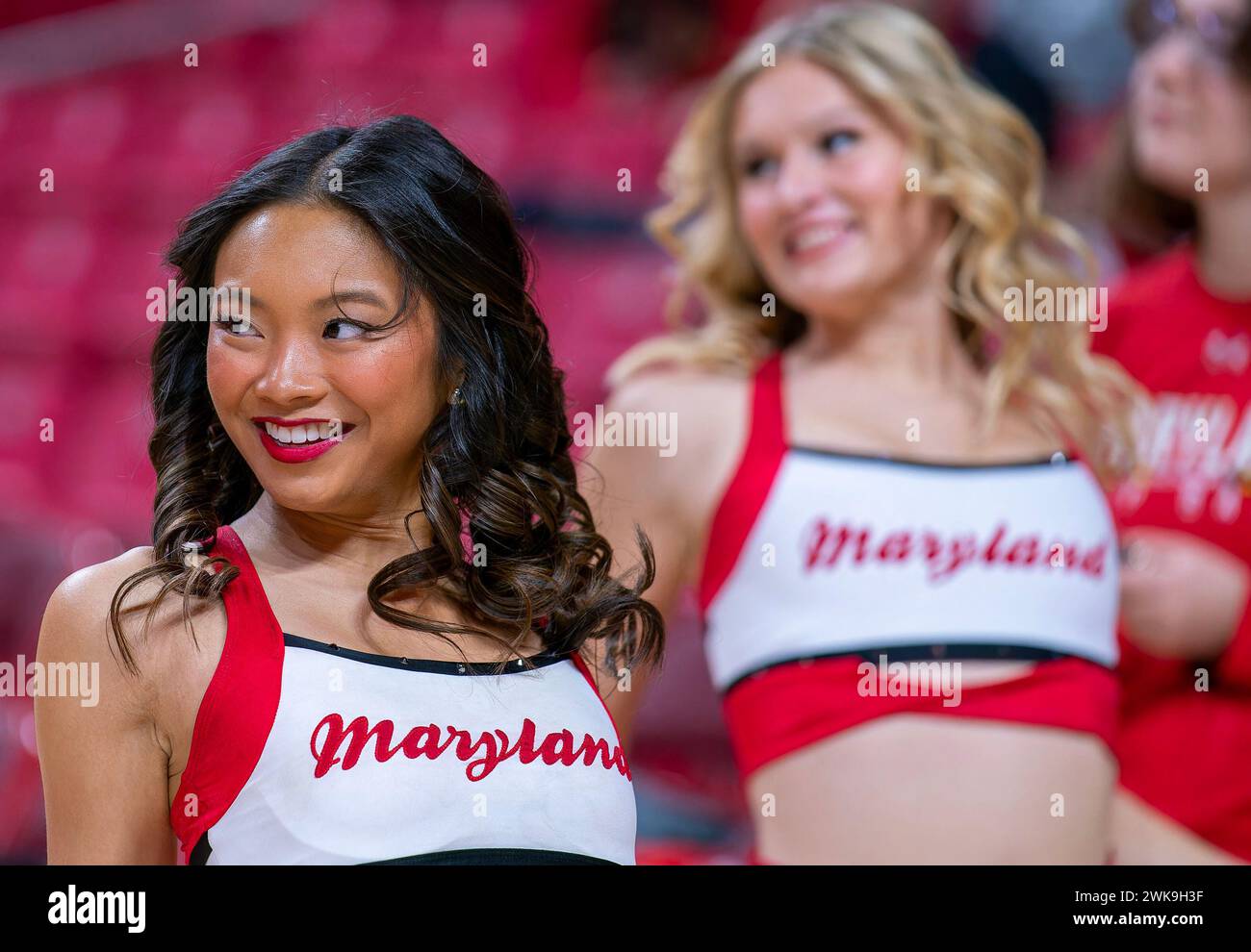 COLLEGE PARK,MD:  - FEBRUARY 18: Cheerleaders during a women's college basketball game between the Maryland Terrapins and the Penn State Nittany Lions at Xfinity Center, in College Park, Maryland on February 18, 2024. Stock Photo