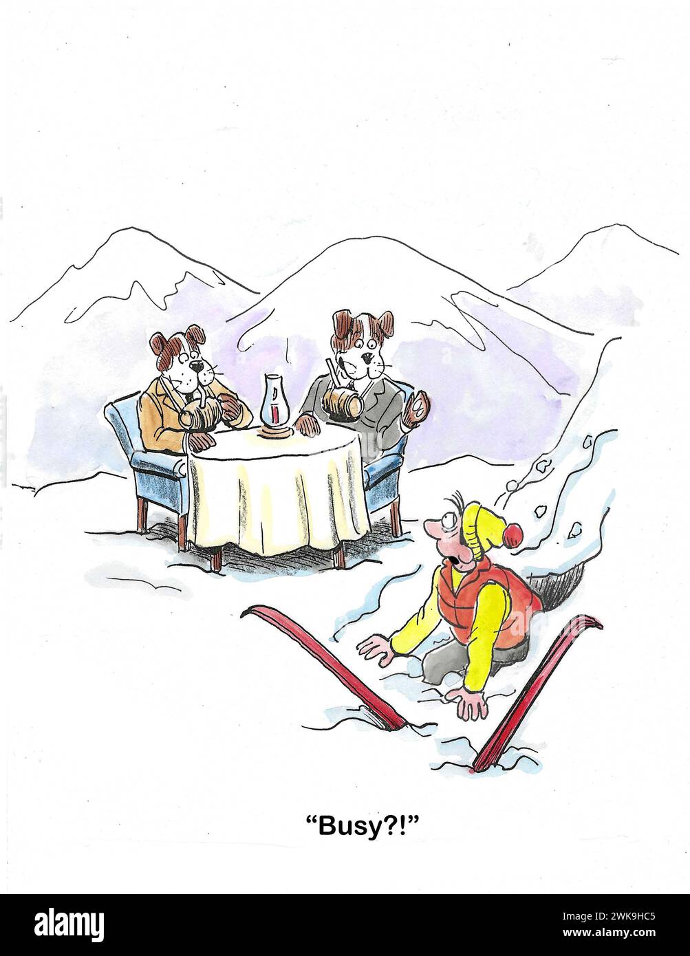 Color cartoon showing two Saint Bernard dogs drinking wine and talking.  They are too busy to aid the skier in the snowdrift. Stock Photo