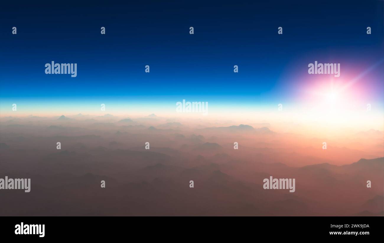 Aerial view of the sun above the clouds, space stratosphere, light and solar reflections on the clouds. Global warming, climate change. Ozone hole Stock Photo