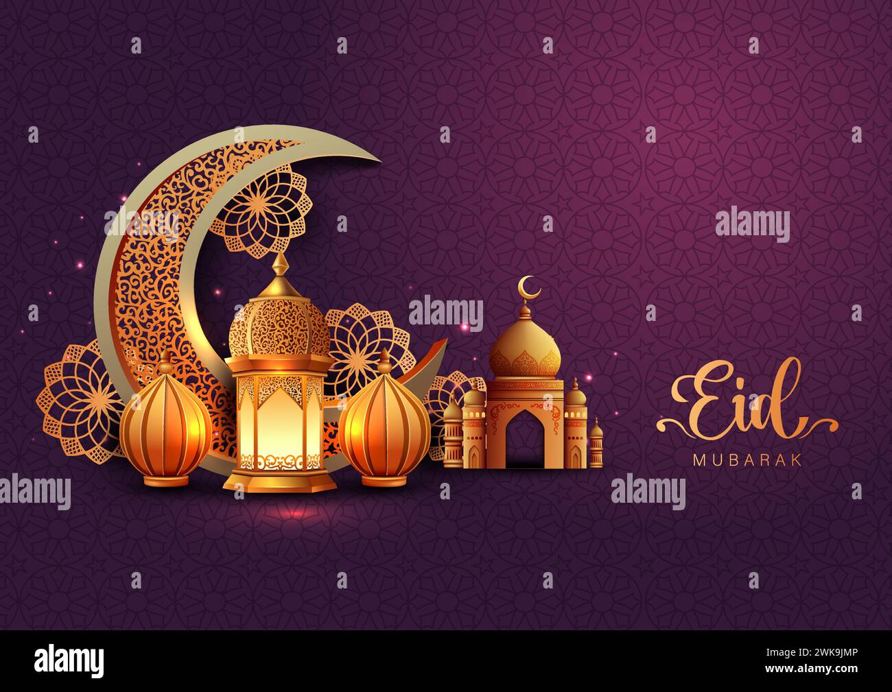 Eid Mubarak Muslim art greetings with golden mosque and maroon background wallpaper. abstract vector illustration design. Stock Vector