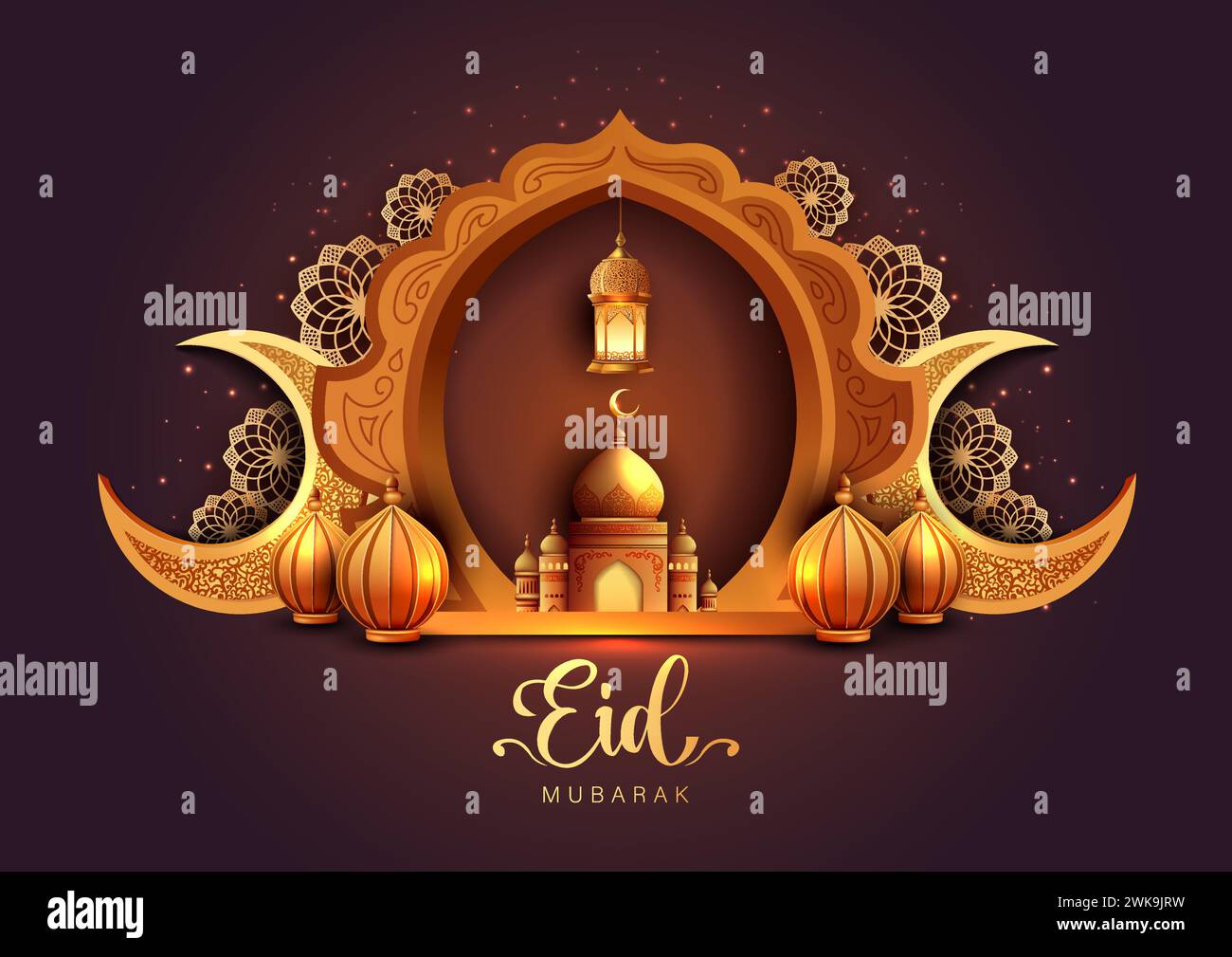 Eid Mubarak Muslim art greetings with golden mosque and brown background wallpaper. abstract vector illustration design. Stock Vector