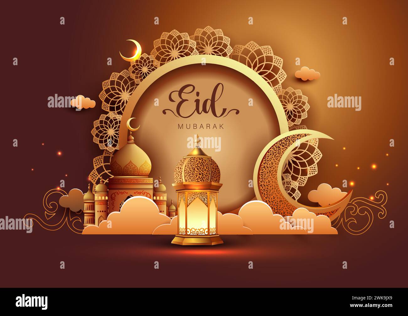 Eid Mubarak Muslim art greetings with golden mosque and brown background wallpaper. abstract vector illustration design. Stock Vector