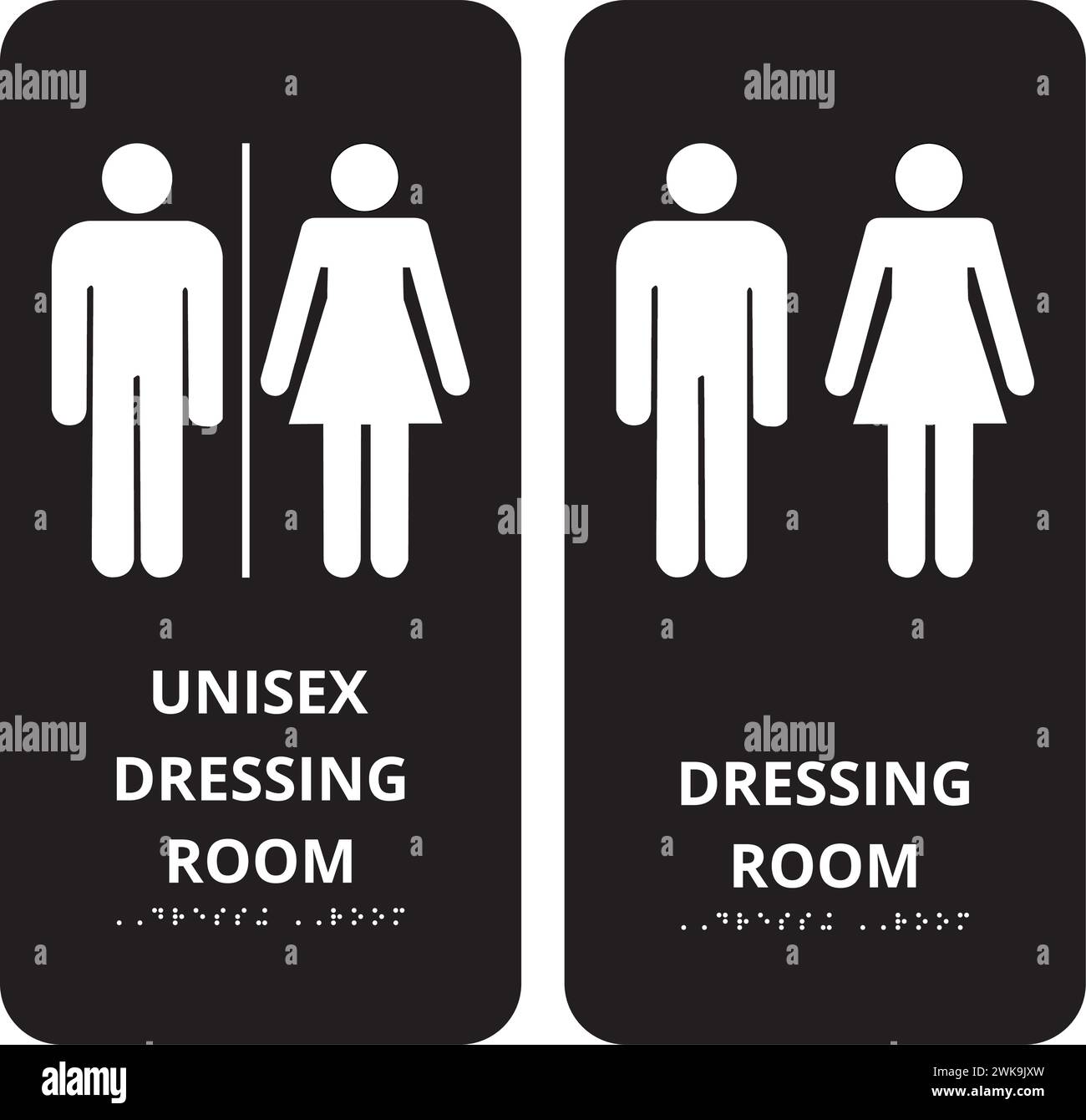 Dark gray unisex dressing room banners with braile system on a white
