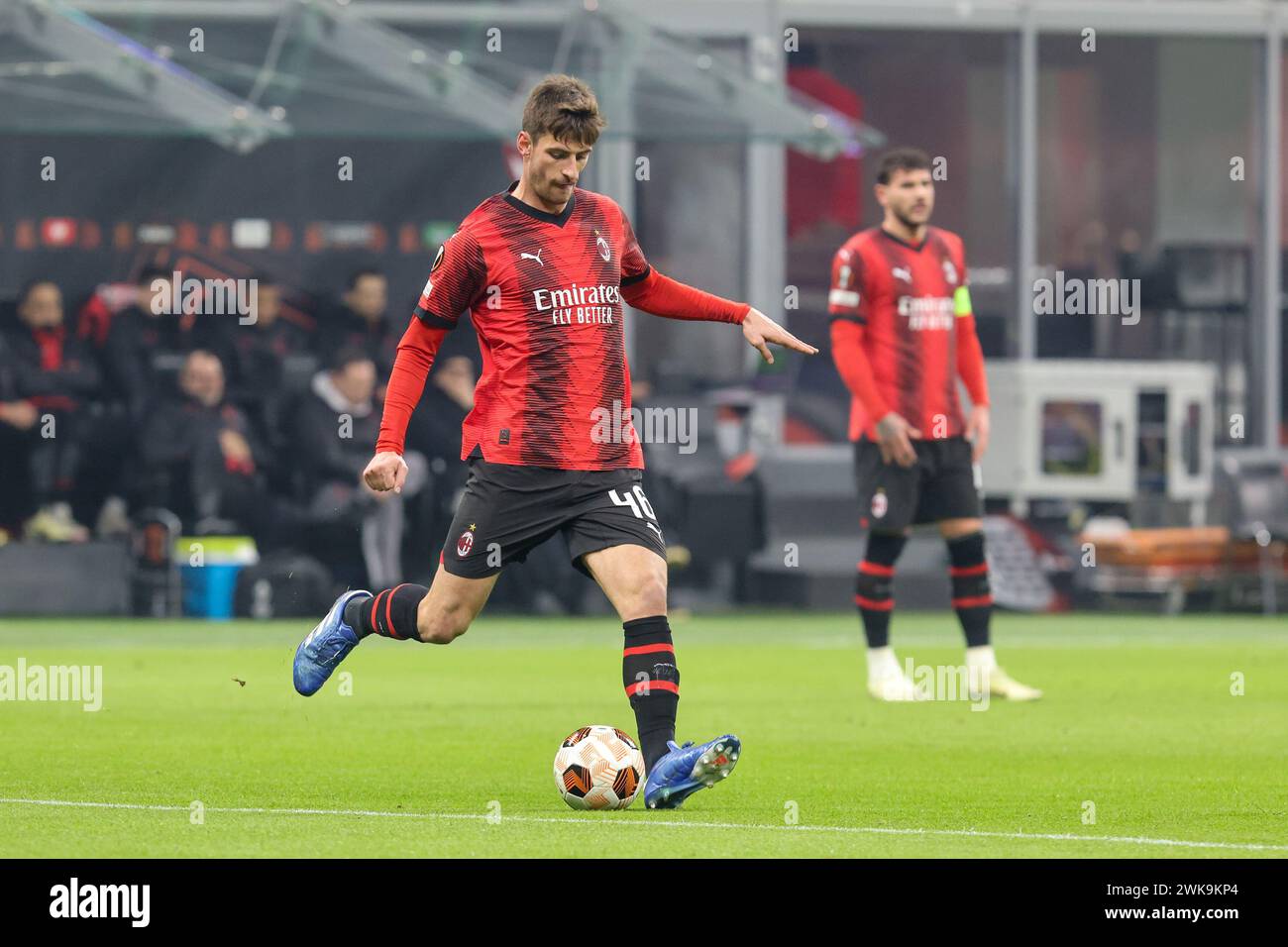 February 15, 2024 Milano Italy - sport, soccer - Ac Milan vs  Stade Resnais Fc Europe League 2023/2024 - Stadio San Siro - In the picture: matteo gabb Stock Photo