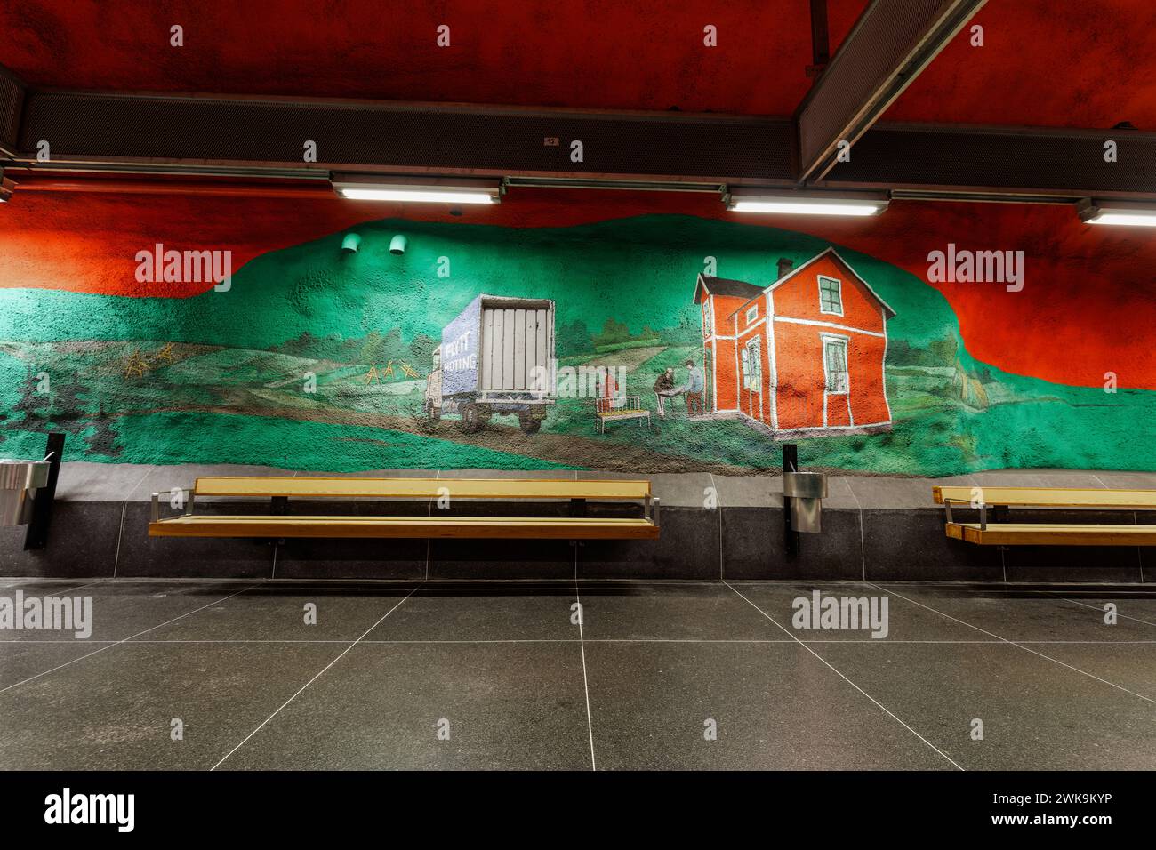 Solna Centrum metro, subway station on blue line on Stockholm Tunnelbana, in Solna, Stockholm. Artists: Karl-Olaf Bjork and Anders Åberg Stock Photo