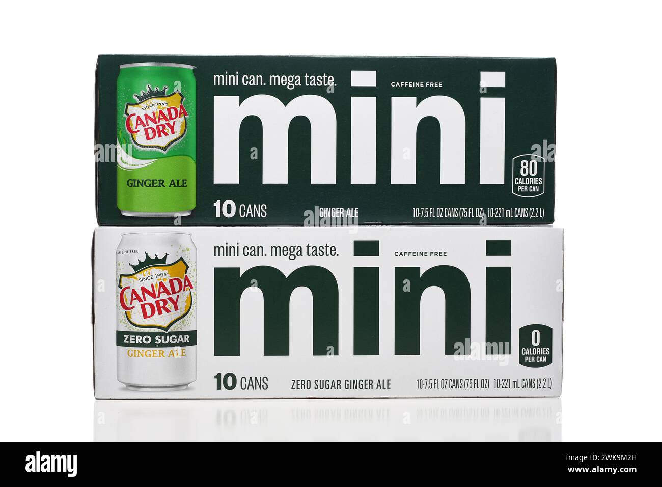 IRVINE, CALIFORNIA - 18 FEB 2024: Canada Dry Ginger Ale mini cans 10 packs , one regular and one Zero Sugar. Stock Photo