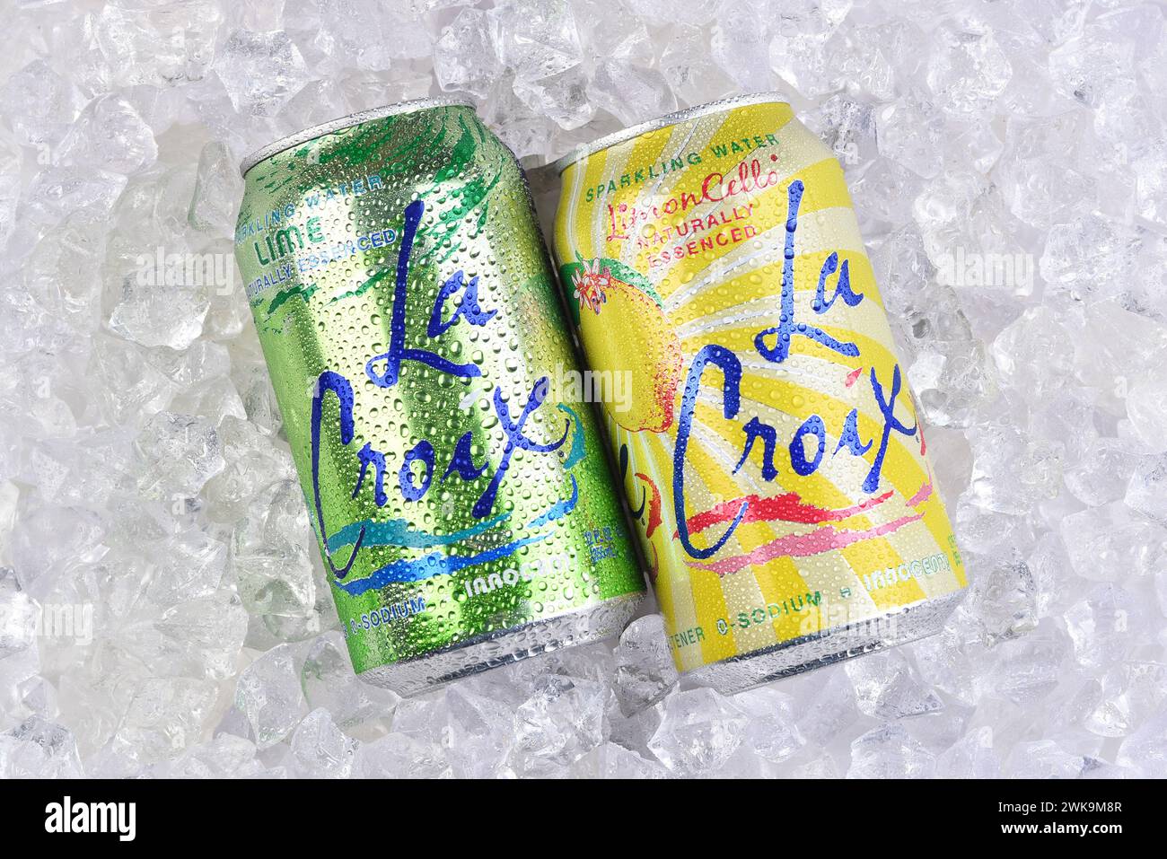IRVINE, CALIFORNIA - 18 FEB 2024: Two cans of La Croix Sparkling Water, one Lime and one LimonCello flavored on a bed of ice. Stock Photo
