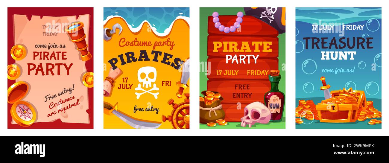 Pirate treasure posters. Lost ancient gold, wooden chest with coins, sea robbers elements, weapons, kids party invitation, childish birthday posters Stock Vector