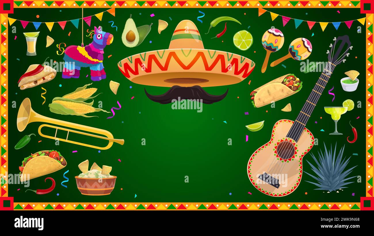 Mexican holiday banner frame with guitar and maracas, sombrero and