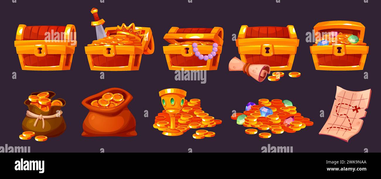 Cartoon pirate treasures. Wooden chests full of gold coins, adventure game icons, gems, cups and old cards, bags of money. Fantasy ancient jewelry Stock Vector