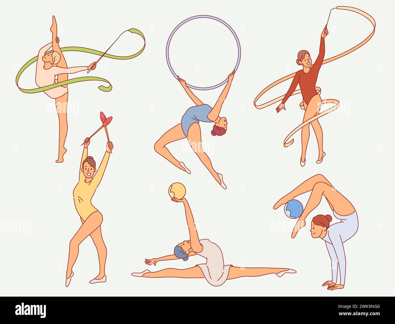 Rhythmic Ribbons Cartoon Flexible rhythmic gymnasts. Slender girls in swimsuits with balls ...
