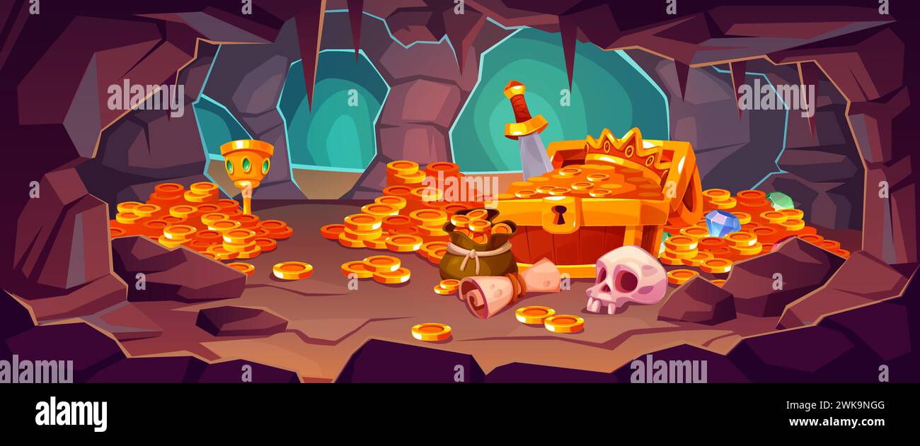 Cave with ancient treasure. Cartoon pirate trophies, piles of golden coins and gems, cups, weapons and skull, wooden chest with gold, horizontal Stock Vector