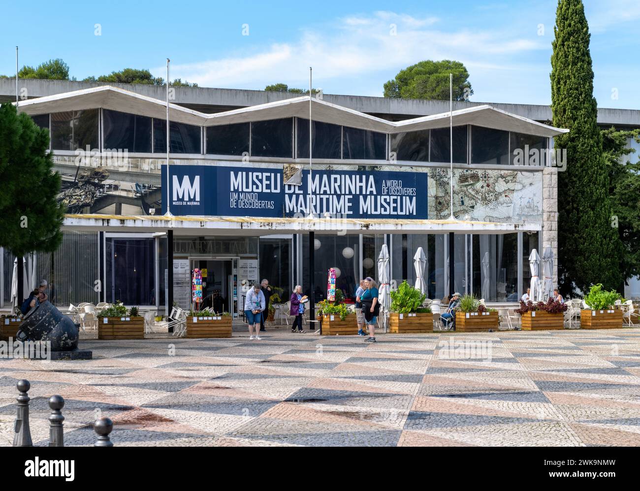 Front of Maritime Museum & Coffee Shop, Belem, Lisbon, Portugal with people sitting outside eating and drinking Stock Photo