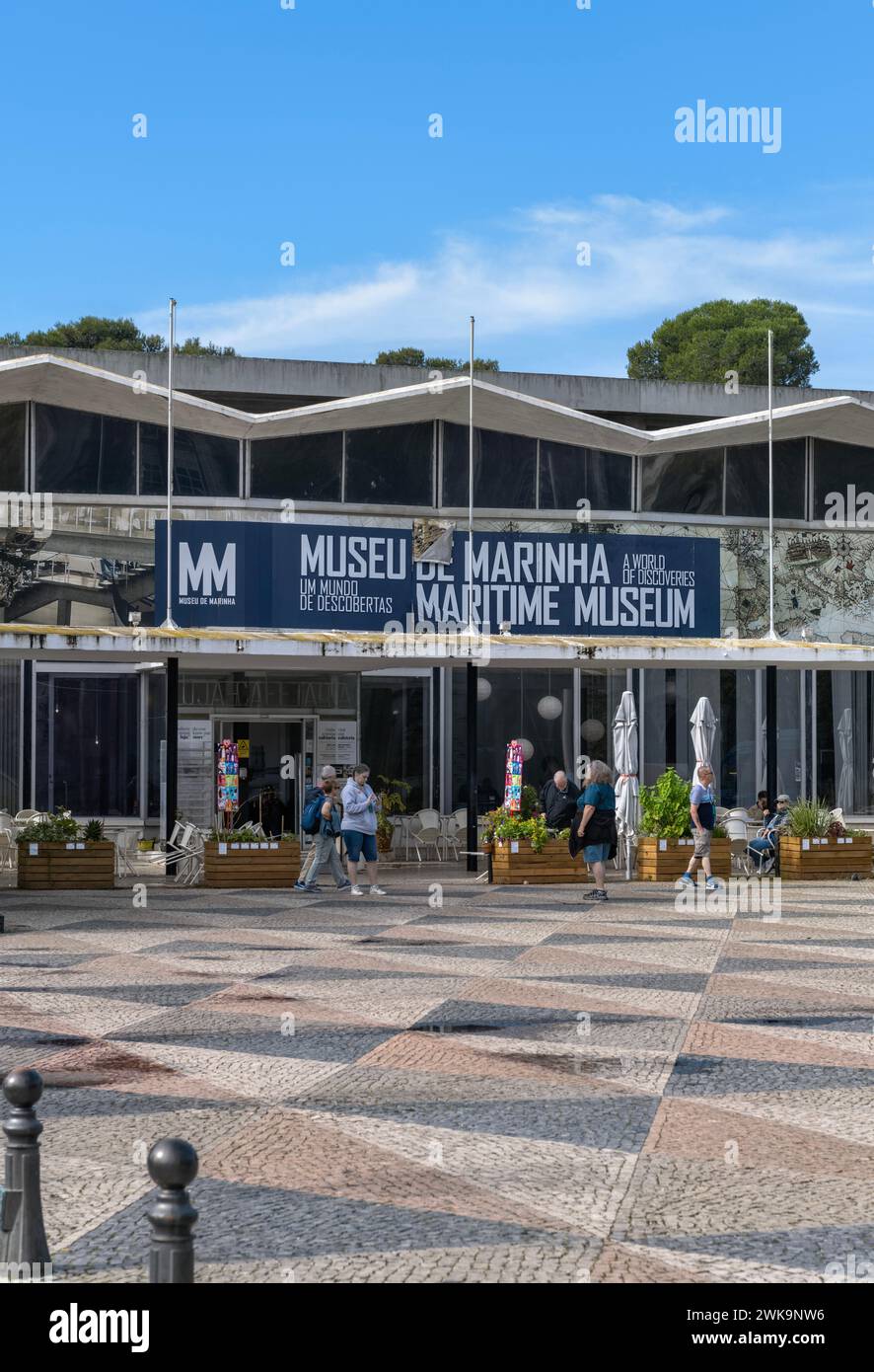 Front of Maritime Museum & Coffee Shop, Belem, Lisbon, Portugal with people sitting outside eating and drinking Stock Photo