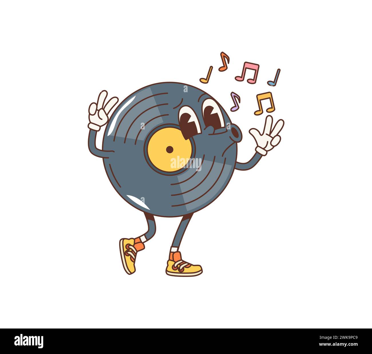 Cartoon retro vinyl record groovy character whistle funky melody notes, embodying the soulful vibe of classic music. Isolated vector vintage musical personage radiating nostalgia and playful tunes Stock Vector