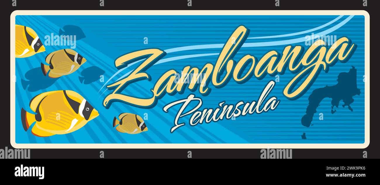 Zamboanga peninsula province of Philippines. Vector travel plate or sticker, vintage tin sign, retro vacation postcard or journey signboard, luggage tag. Souvenir plaque with map and fish Stock Vector