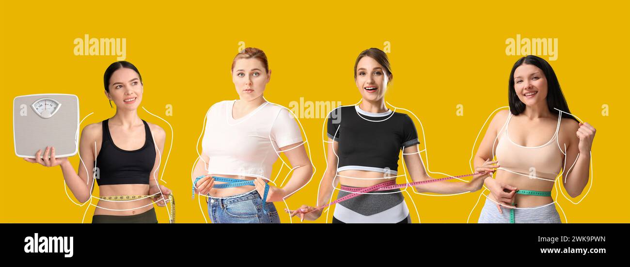 Set of women with measuring tapes and scales on yellow background ...