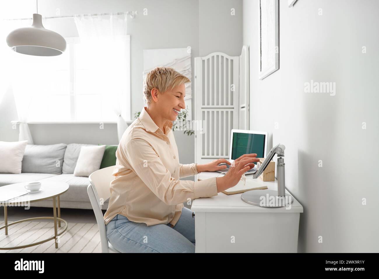 Mature female programmer working with tablet computer at home Stock Photo