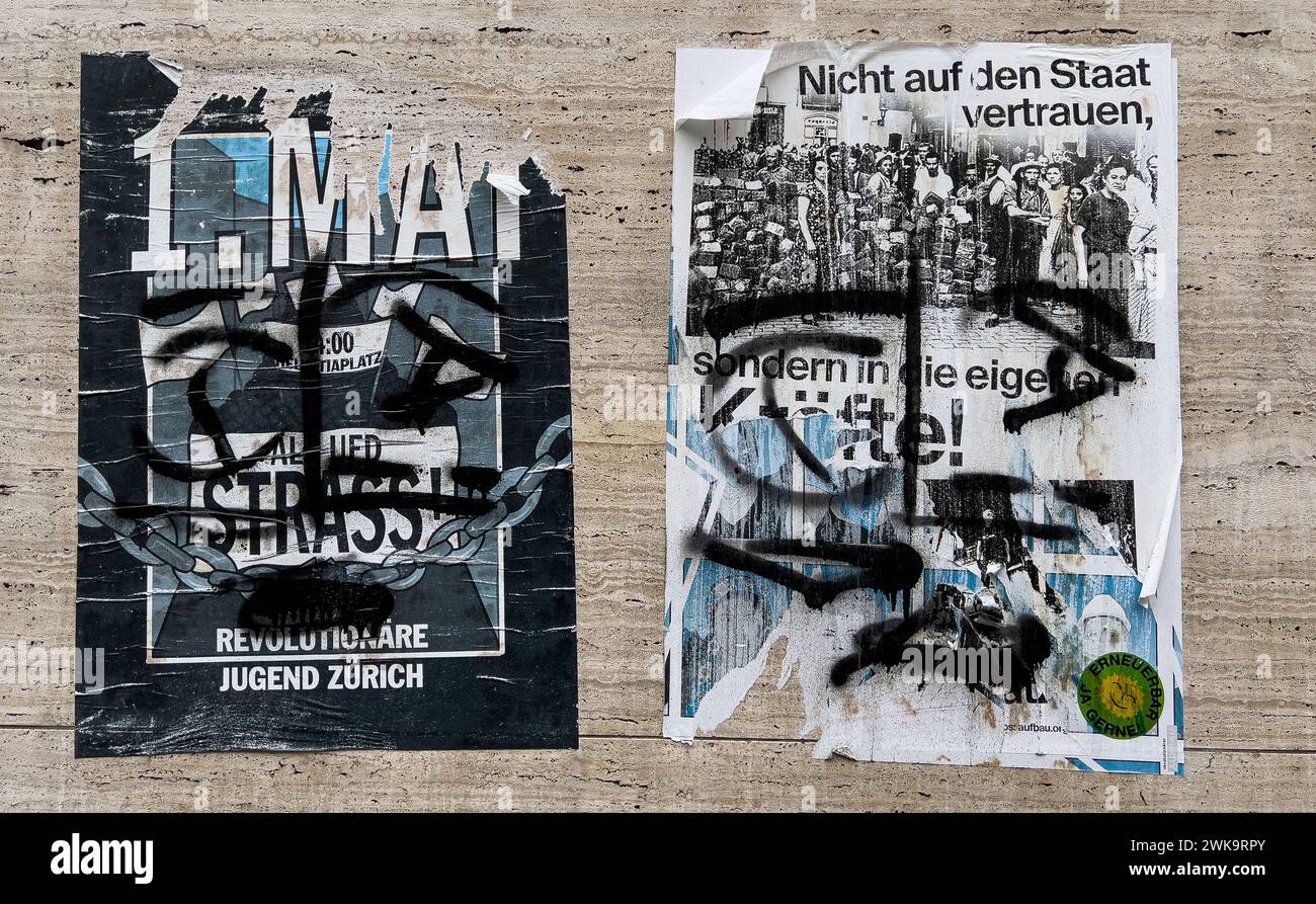 Linksextreme Gruppierungen rufen mit Plakaten zum revolutionären 1. Mai auf - man solle nicht dem Staat vertrauen, steht auf einem Plakat. (Zürich, Sc Stock Photo