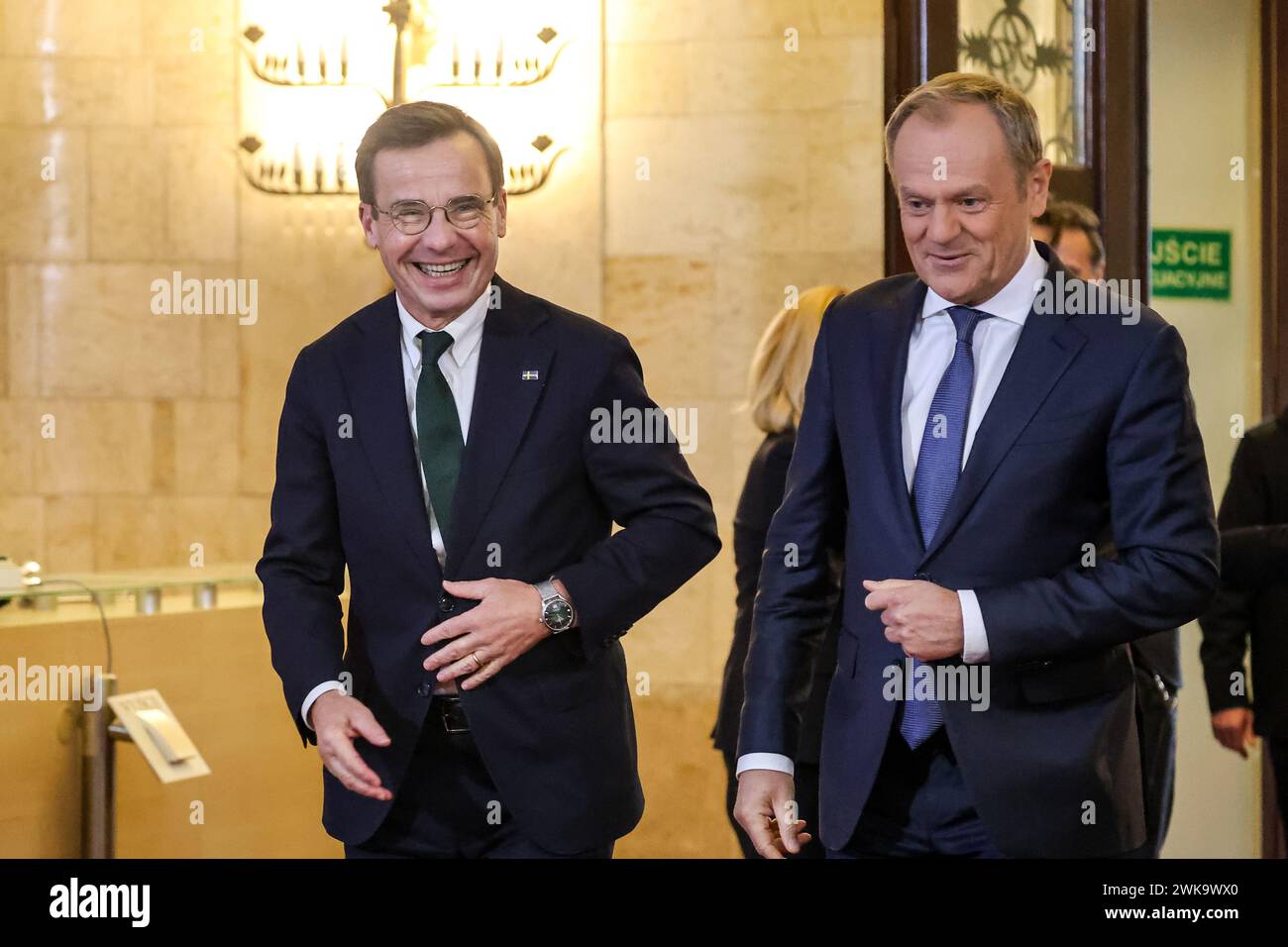 Warsaw, Poland. 19th Feb, 2024. Polish Prime Minister, Donald Tusk greets the Prime Minister of Sweden, Ulf Kristensson for a bilateral meeting in the PM's Chancellery on Ujazdowska Street in Warsaw, the capital of Poland. The NATO membership of Sweden and regional security issues after the Russian war on Ukraine are on the agenda. Credit: SOPA Images Limited/Alamy Live News Stock Photo