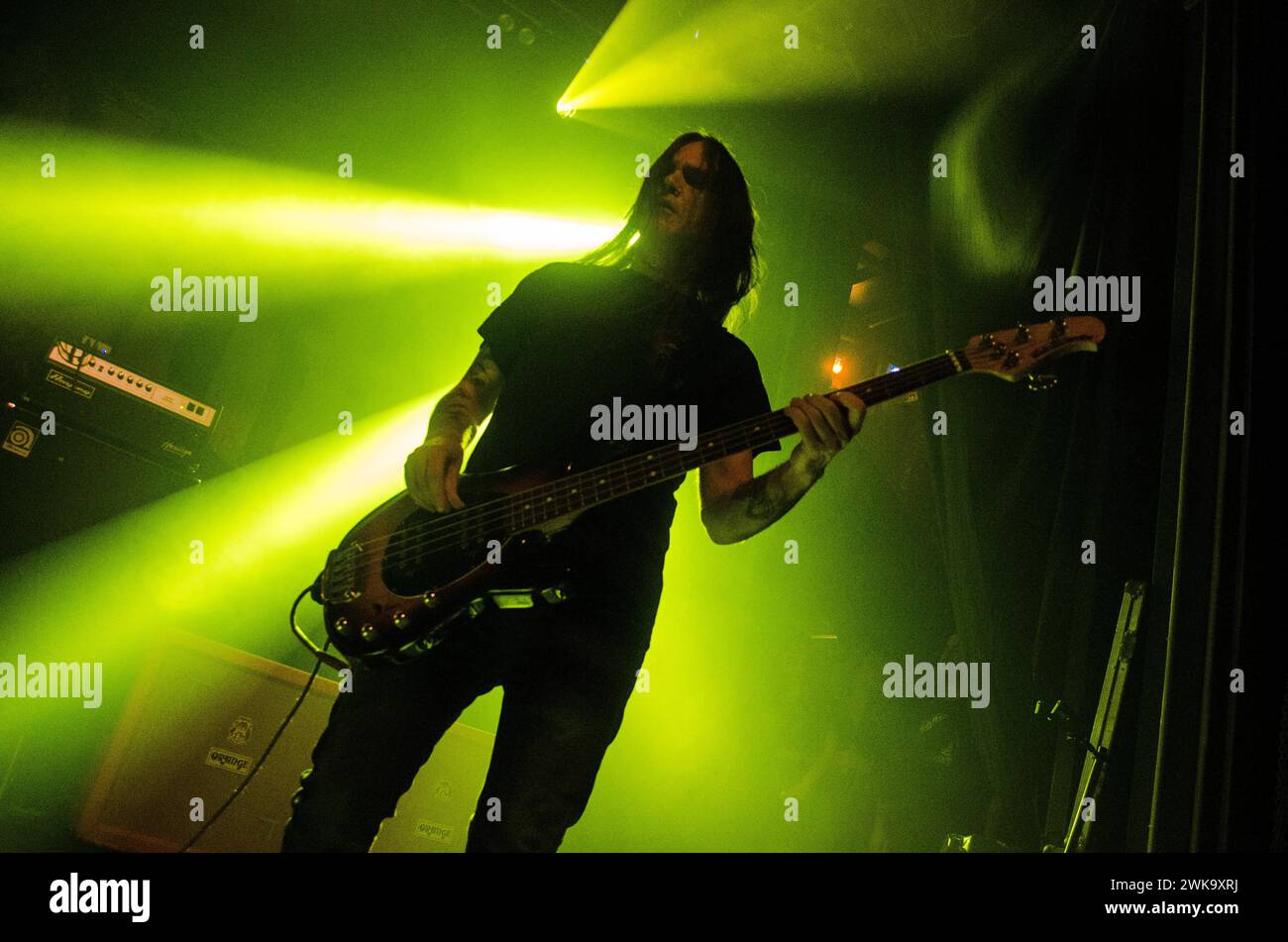 Andreas Lagios of Nightstalker performing at Gagarin 205 Live Music Space, Athens / Greece, February 2024 Stock Photo