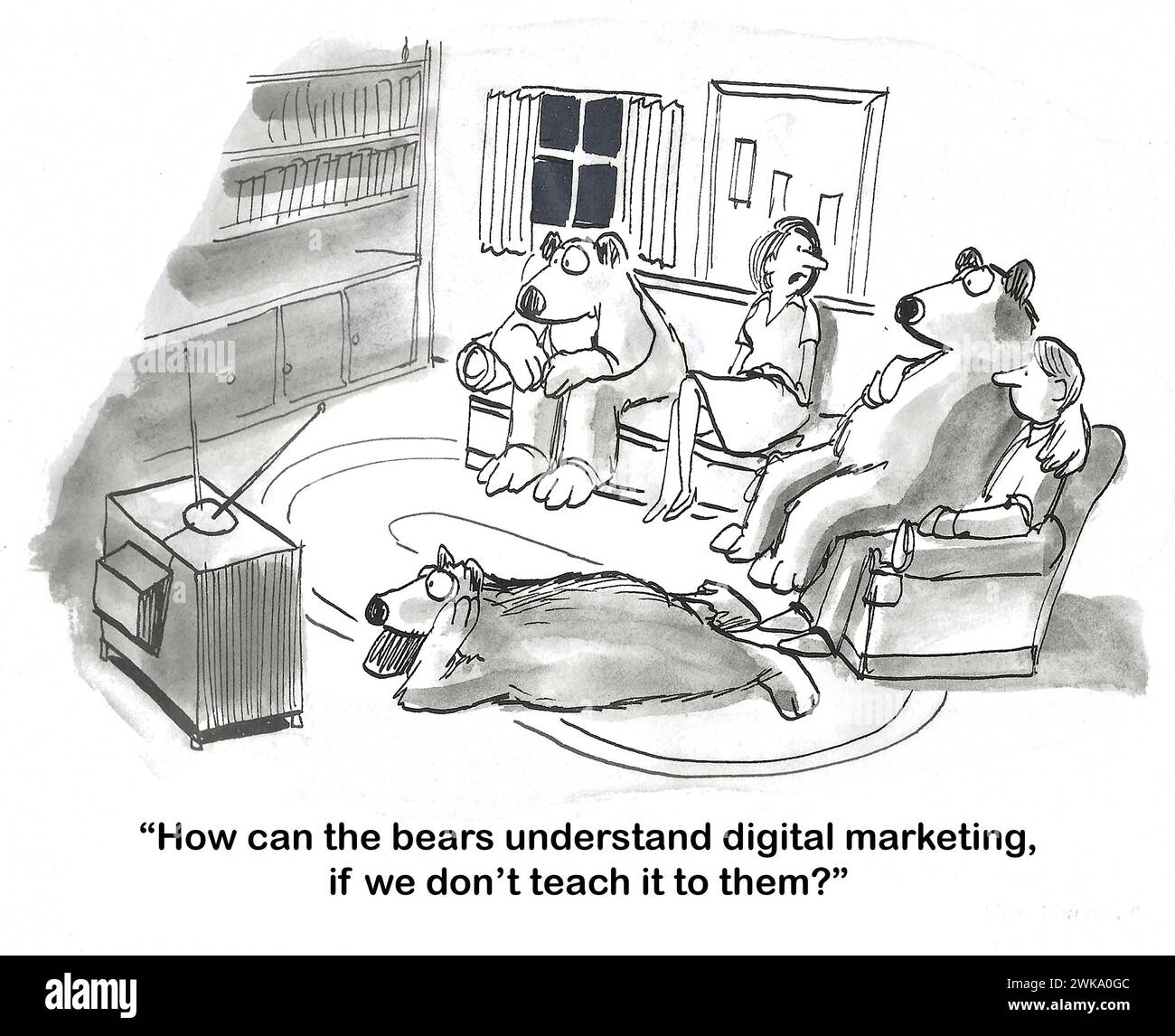BW cartoon of an evening watching tv with the family (children, bears).  Mom thinks she and Dad need to teach them digital marketing. Stock Photo