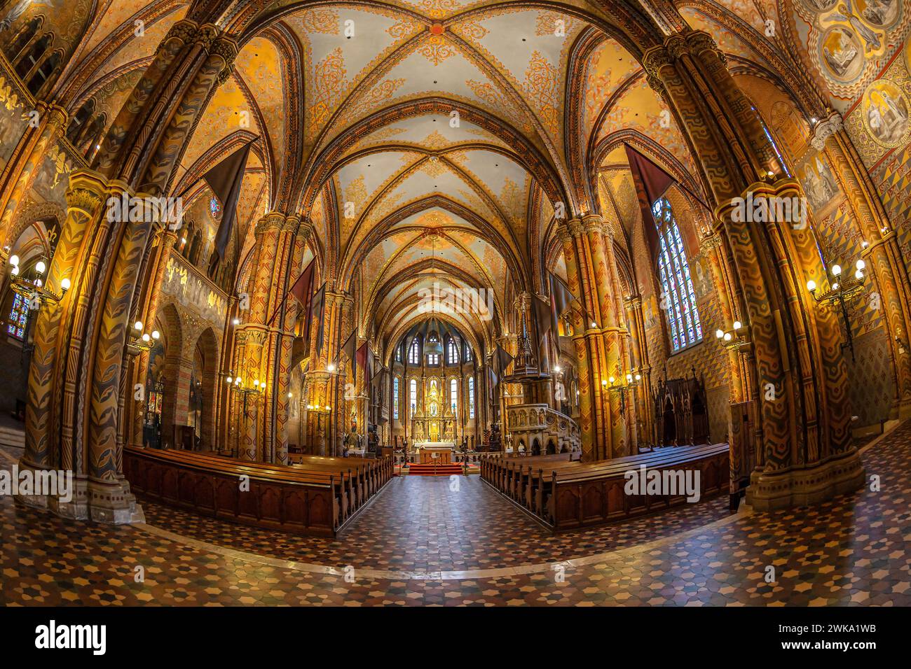 BUDAPEST, HUNGARY - AUGUST 23, 2021: Interior of Matthias Church, near Fisherman Bastion and Buda castle. A fourteenth-century church named after King Stock Photo