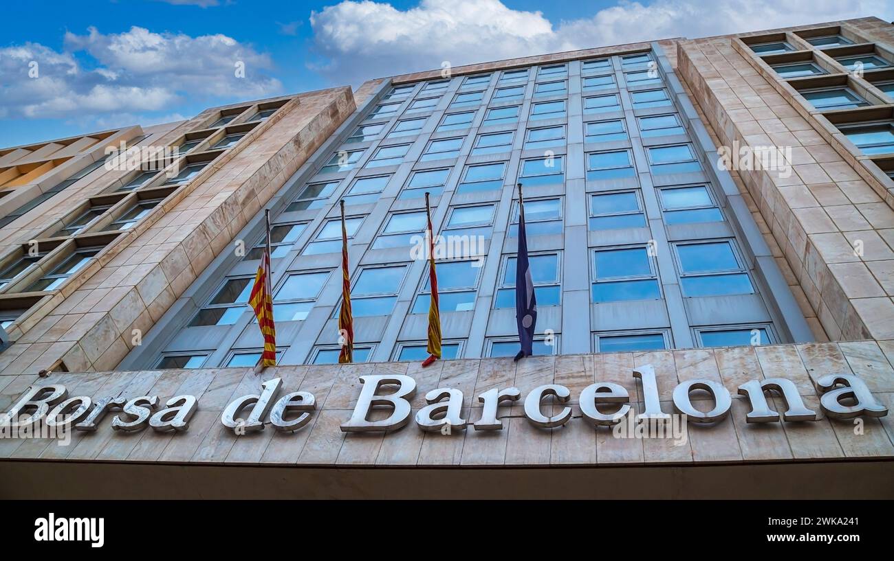 BARCELONA, SPAIN - FEB. 27, 2022: The Stock Exchange of Barcelona (BCN), a stock exchange located in the Eixample District, on Passeig de Gracia. Open Stock Photo
