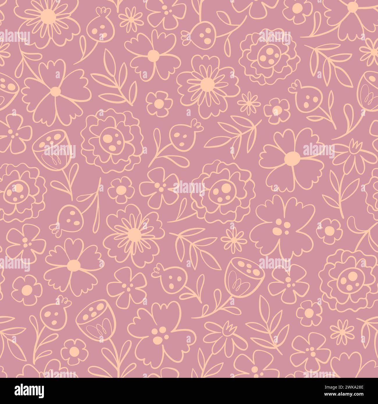 Floral seamless pattern in warm pink tones. Doodle style. Seamless pattern with line art flowers. Vector illustration. Stock Vector