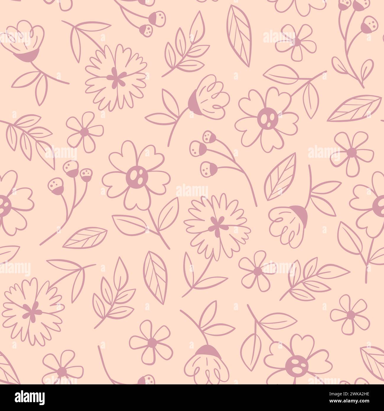 Floral seamless pattern in warm light tones. Doodle style. Seamless pattern with line art flowers. Vector illustration. Stock Vector