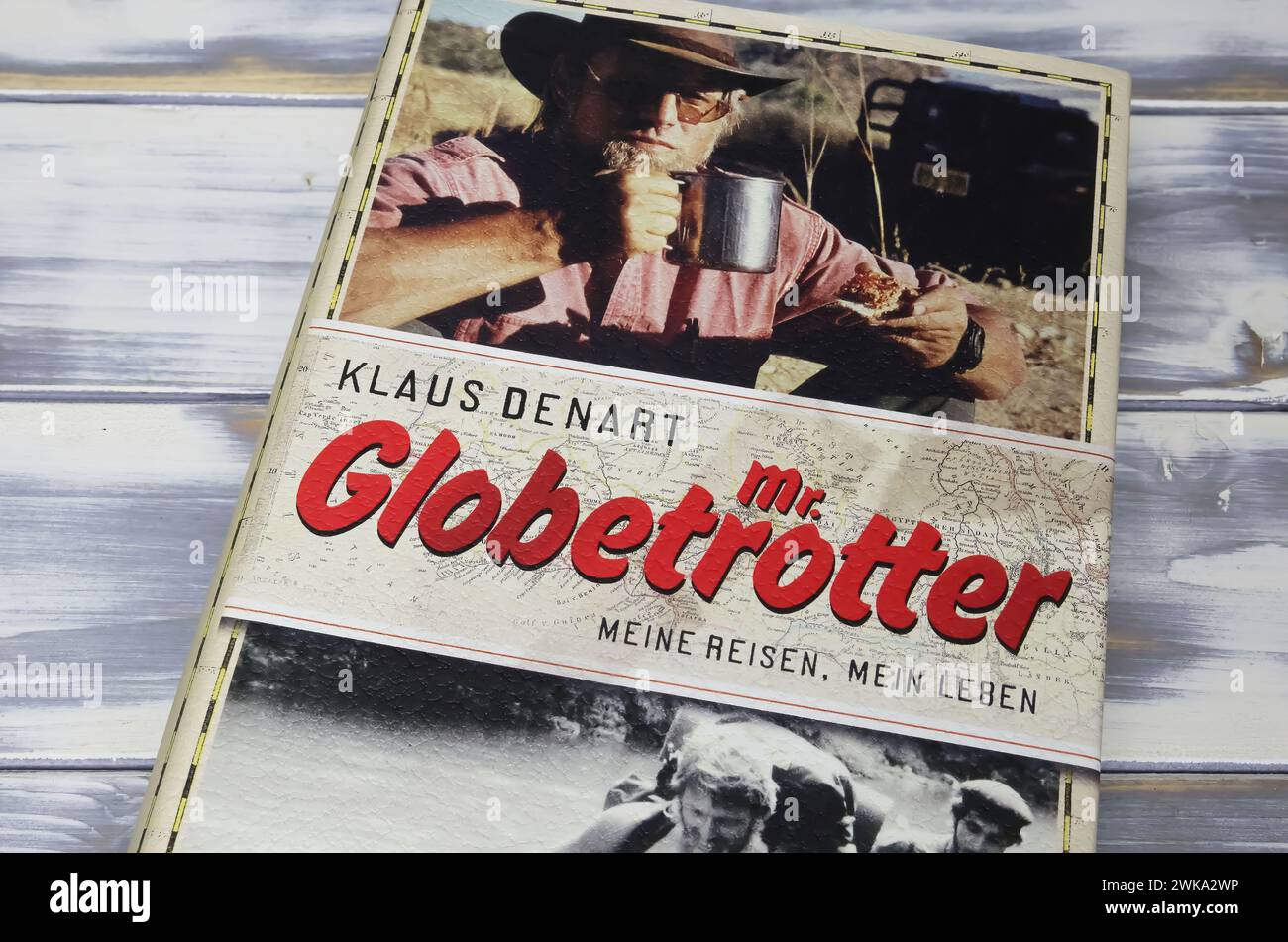 Viersen, Germany - January 9. 2024: Closeup of Klaus Denart book cover Mr. Globetrotter, founder of Outdoor speciality shop Stock Photo