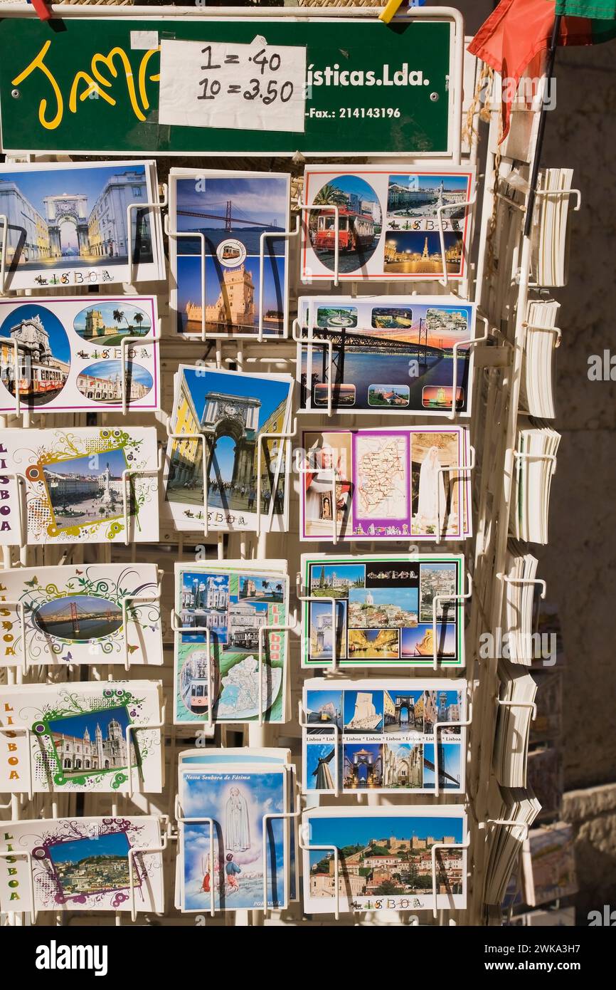 Freestanding upright metal rack with picture postcards for sale, Lisbon