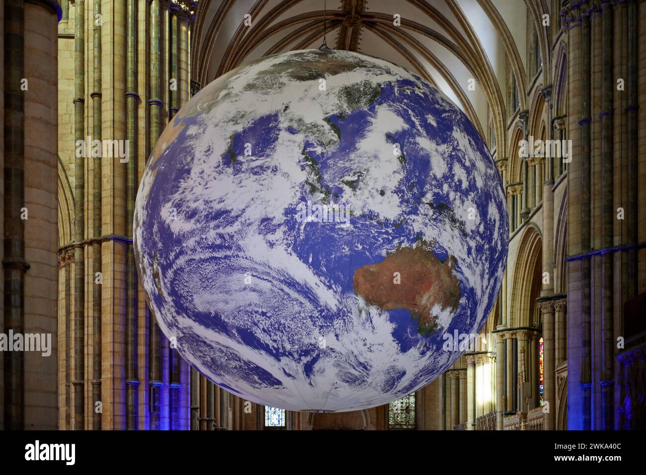 Lincoln Cathedral Gaia Measuring seven metres in diameter, Gaia provides the opportunity to see our planet floating in three dimensions in the vast sp Stock Photo