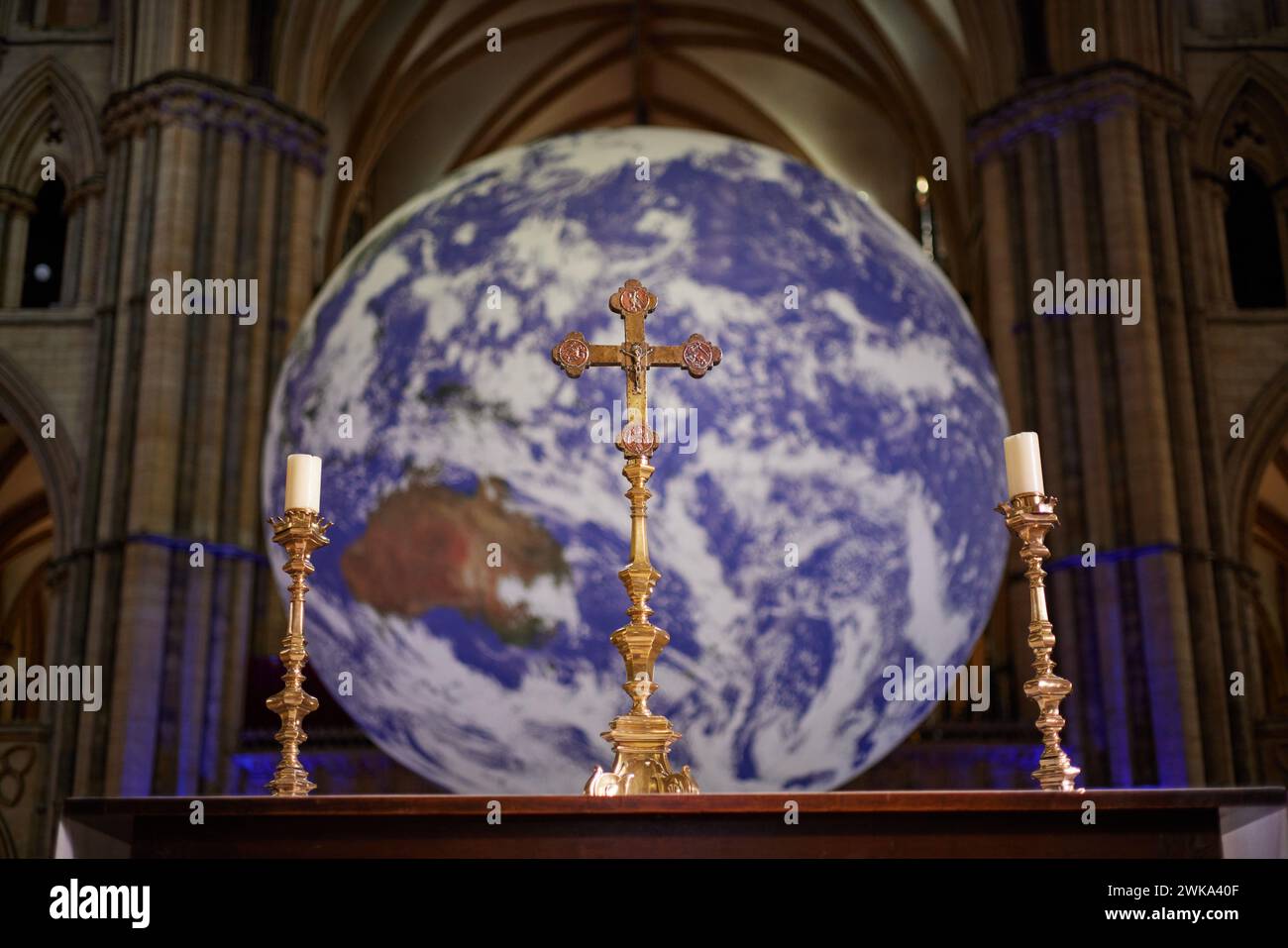 Lincoln Cathedral Gaia Measuring seven metres in diameter, Gaia provides the opportunity to see our planet floating in three dimensions in the vast sp Stock Photo