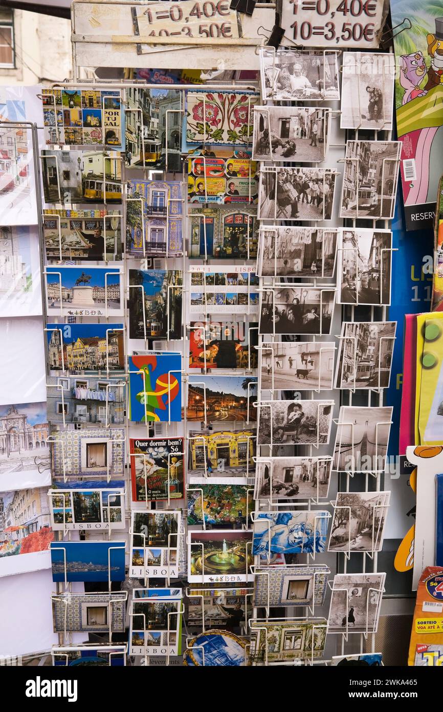 Freestanding upright metal rack with postcards for sale, Lisbon