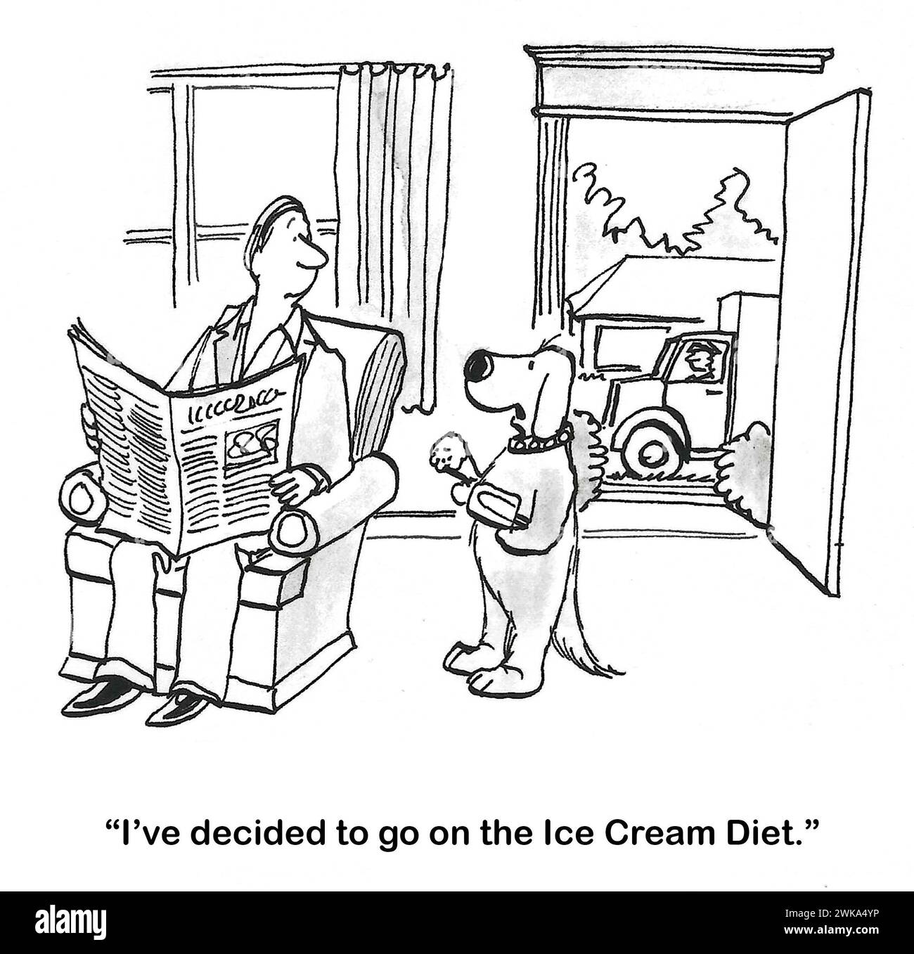 BW cartoon of a family dog telling its owner it has decided to go on an ice cream diet, as the dog holds a popsicle and ice cream cone. Stock Photo