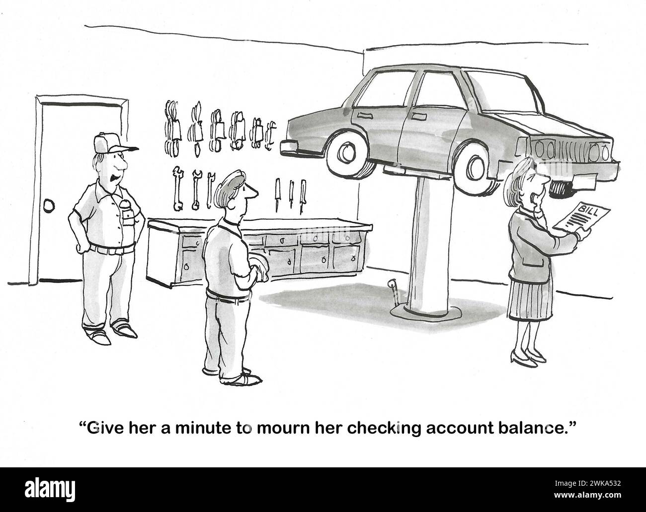 BW cartoon of a woman is stunned stunned at the cost of her auto repair.  One auto mechanic says to the other to give her a minute 'to mourn'. Stock Photo