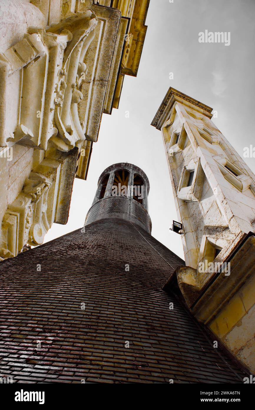 View of the roof in contrast to the chimneys of the Château de Chambord. Built on the orders of Francois 1st from 1519 after his coronation. Stock Photo