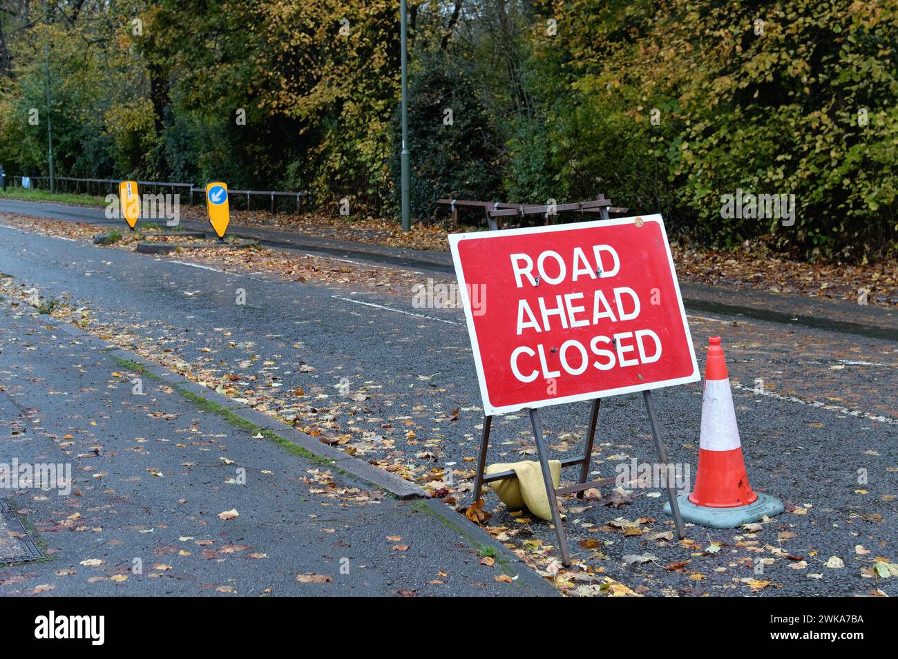 A large 'Road Ahead Closed' sign on a empty public road in Shepperton ...