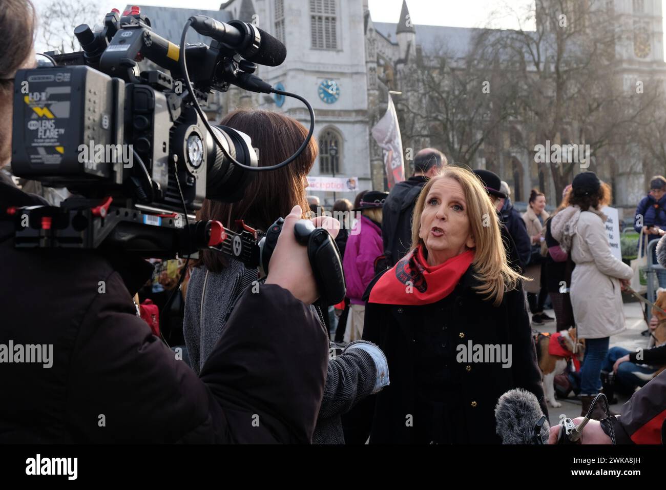 London, UK, 19st February, 2024. TV personality Gillian McKeith joins animal rights campaigners from MBR Camp Beagle, Viva!, Peta and others held a rally ahead of a Parliamentary debate discussing the ending of animal toxicity testing and the promoting of more humane methods. Credit: Eleventh Hour Photography/Alamy Live News Stock Photo